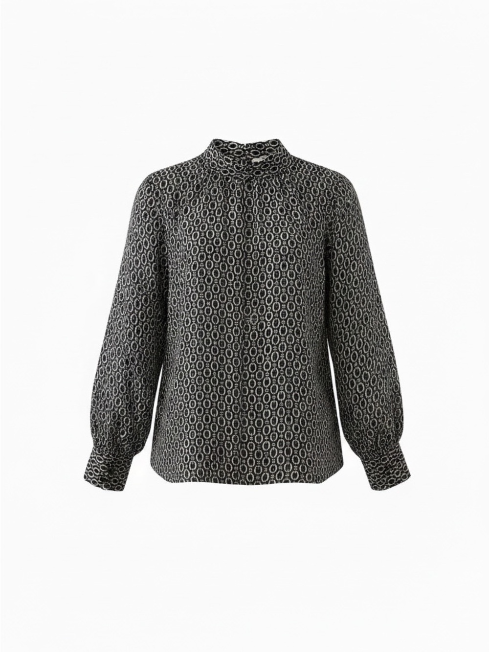 Dark Blue Chain Pattern Long-Sleeve Mock Neck Blouse